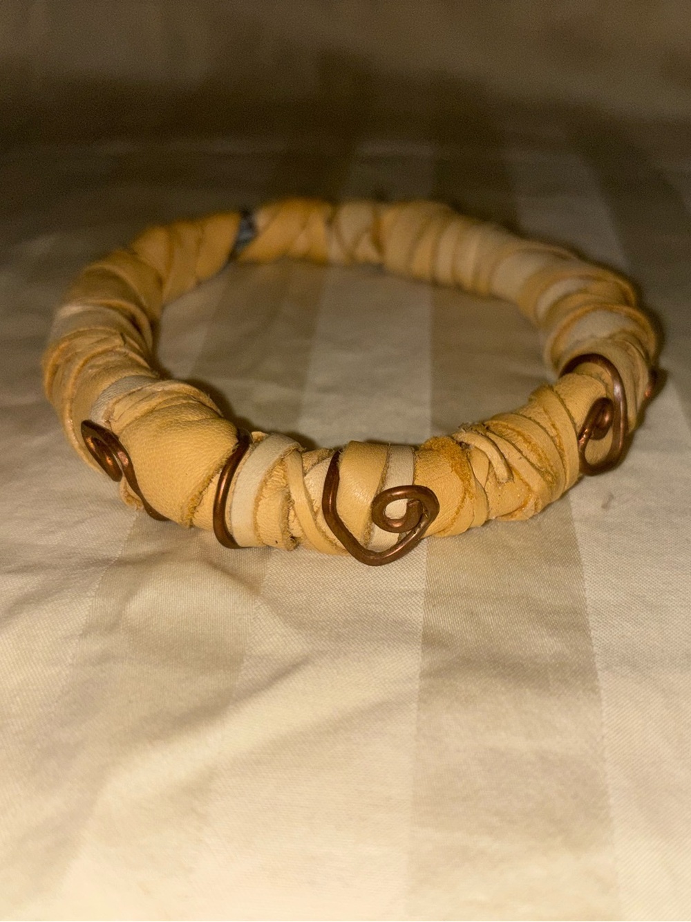 Handmade Bangle Bracelet Genuine Leather Beige Stackable Copper Swirl Accents